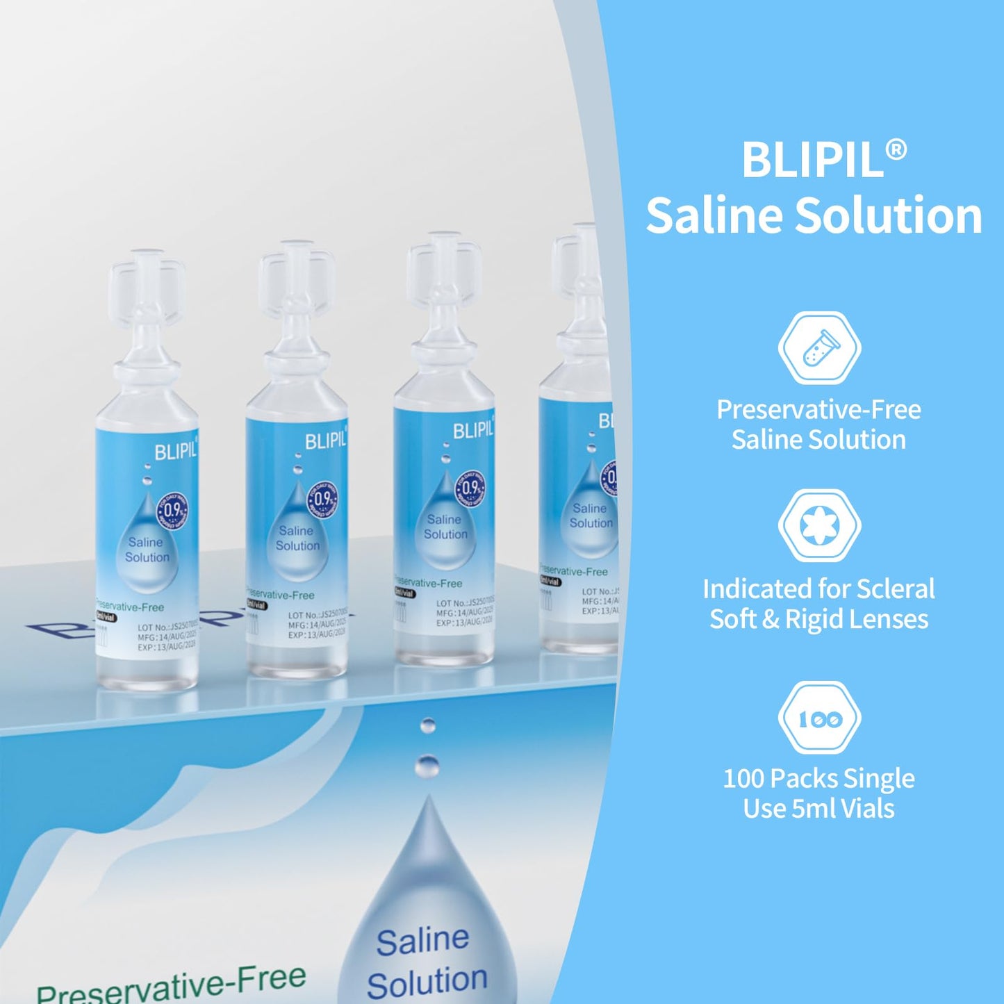 BLIPIL Preservative-Free Saline Solution for Contact Lenses - 5mL Travel Pack (100)