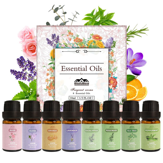 BlissfulBlend 8-Piece Pure Essential Oils Gift Set – Peppermint, Lavender, Eucalyptus & More