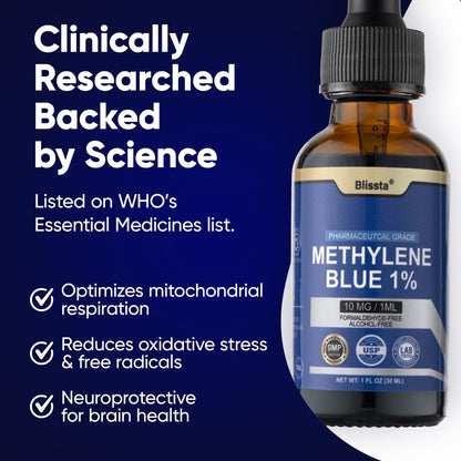 Blissta USP Pharmaceutical Grade Methylene Blue 1% Solution – Third-Party Lab Tested, Formaldehyde-Free, Heavy Metal Free – Nootropic & Cognitive Support – 30ml