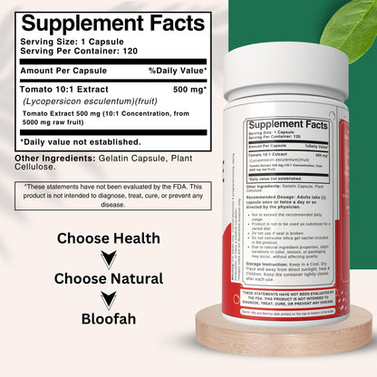 Bloofah 500mg Lycopene Tomato Extract 10:1 Capsules - 120 Count | Non-GMO & Gluten Free