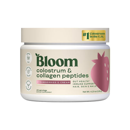 Bloom Nutrition Colostrum Powder with Vitamin B-12 – Gut Health & Immunity (Strawberry, 25 Servings)
