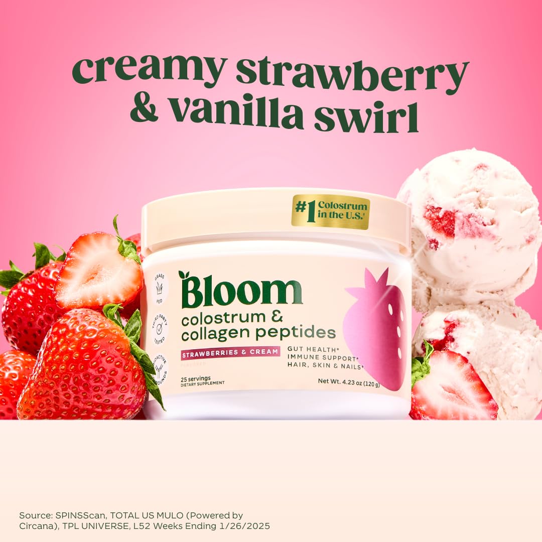 Bloom Nutrition Colostrum Powder with Vitamin B-12 – Gut Health & Immunity (Strawberry, 25 Servings)