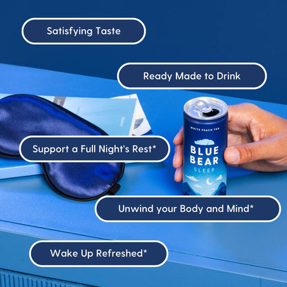 Blue Bear Melatonin Sleep Drink – White Peach Tea with 5 mg Melatonin, Caffeine-Free, Zero Sugar, 8.4 fl oz (12-Pack)