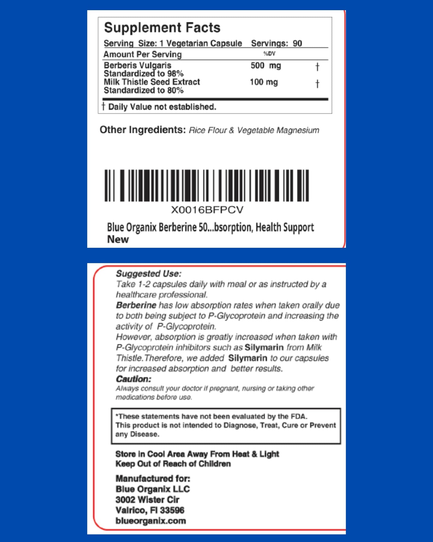 Blue Organix Berberine with Milk Thistle 500mg – HCL Complex Supplement, 90 Vegetarian Capsules