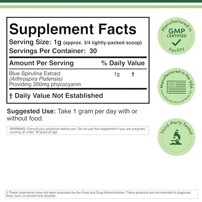 Blue Spirulina Powder - 35% Phycocyanin | Double Wood (One Month Supply)