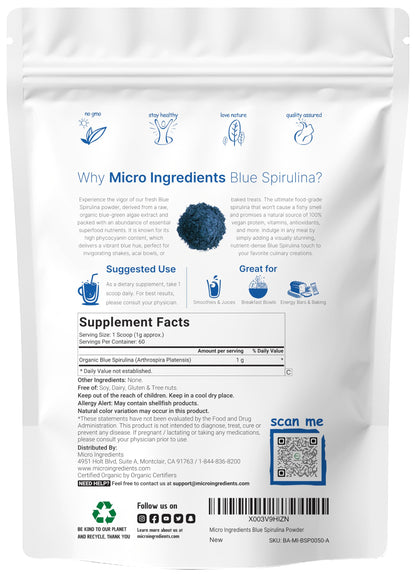 Organic Blue Spirulina Powder (Phycocyanin Extract) – 60 Servings – 100% Vegan