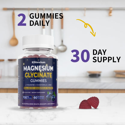 700mg Magnesium Glycinate Gummies – Highly Absorbed Sugar-Free Magnesium with L-Theanine & B6 (Blueberry)