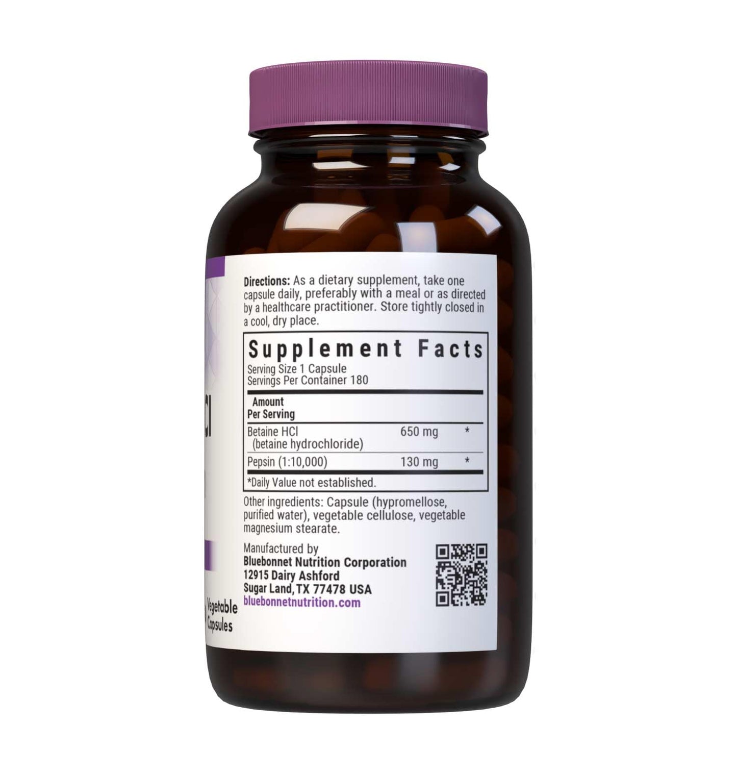 BlueBonnet Betaine HCl Plus Pepsin Vegetarian Capsules, 180 Count | Digestive Support