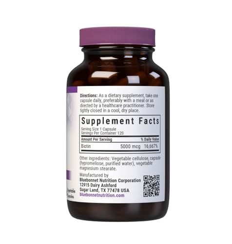 Bluebonnet Nutrition Biotin 5000 mcg – Hair & Nail Support, 120 Veg Capsules