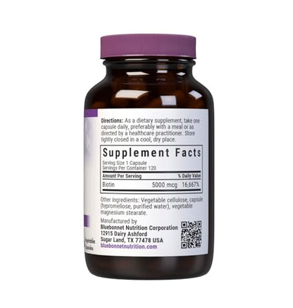 Bluebonnet Nutrition Biotin 5000 mcg – Hair & Nail Support, 120 Veg Capsules