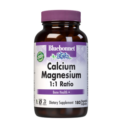 Bluebonnet Calcium Magnesium 1:1 Ratio Vegetarian Capsules - 180 Count - White