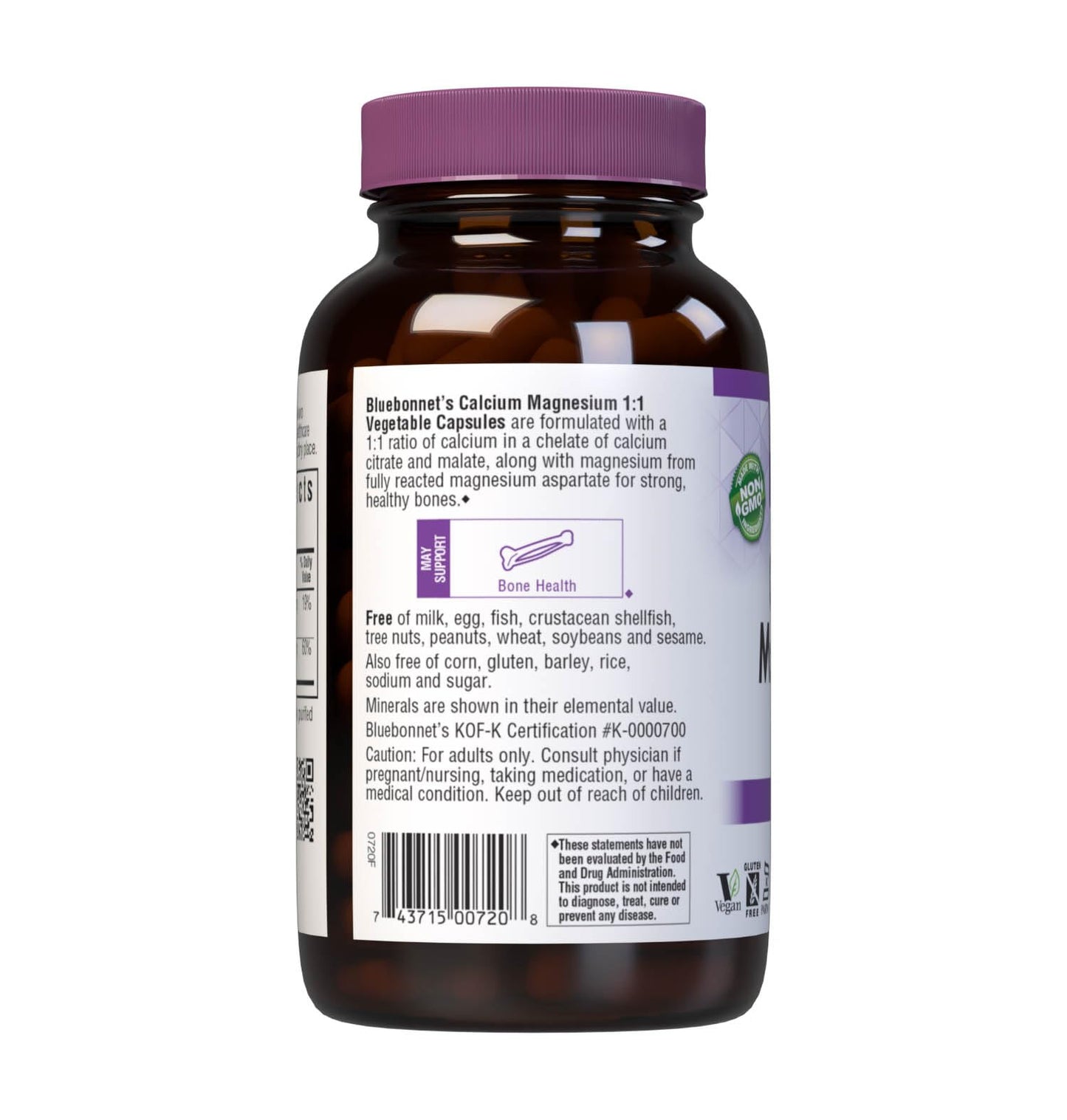 Bluebonnet Calcium Magnesium 1:1 Ratio Vegetarian Capsules - 180 Count - White