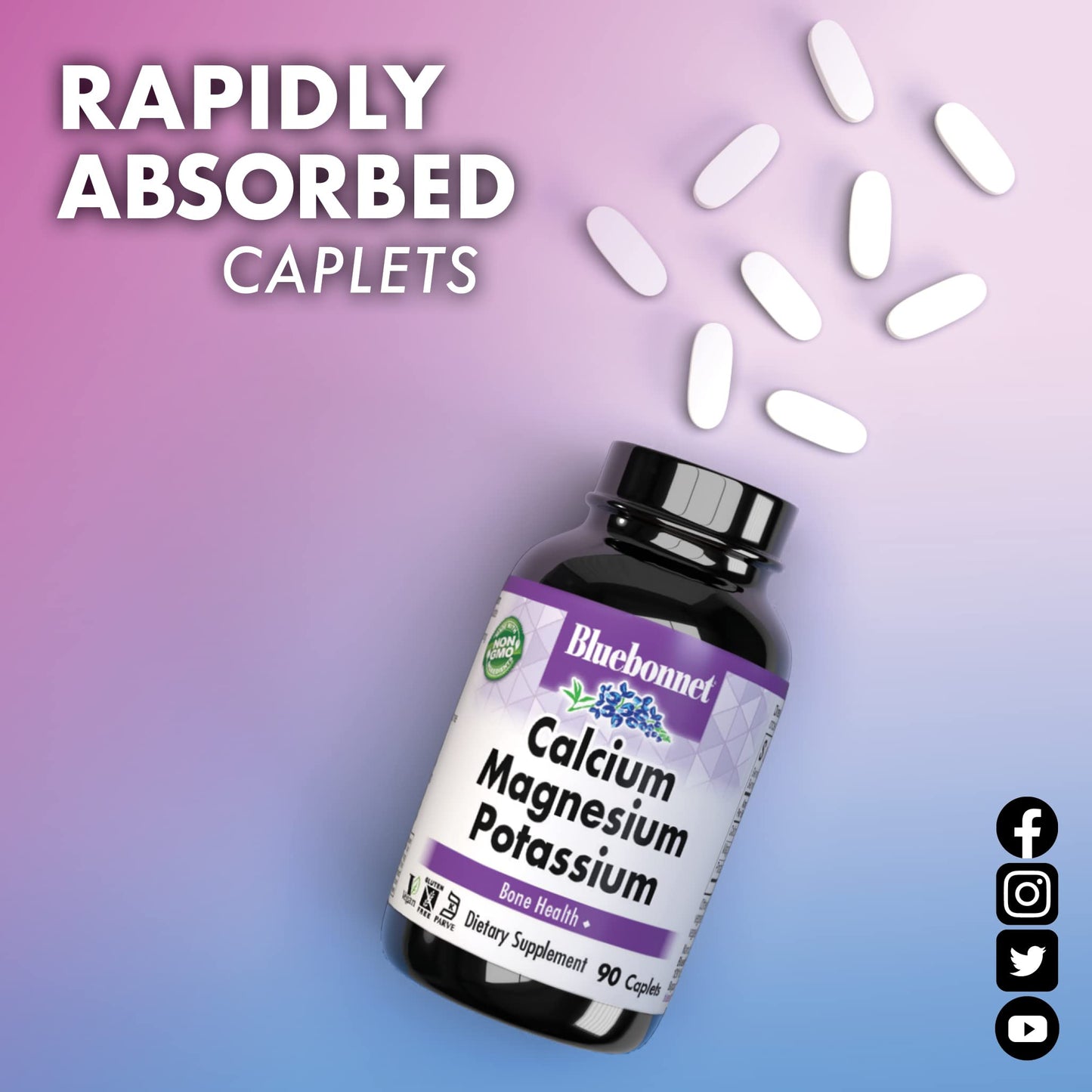 Bluebonnet Calcium Magnesium Potassium - 1000mg Calcium, 400mg Magnesium, 99mg Potassium - Vegan, Non-GMO, Gluten-Free - 180 Caplets