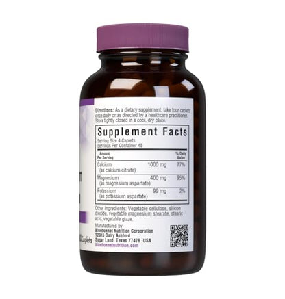 Bluebonnet Calcium Magnesium Potassium - 1000mg Calcium, 400mg Magnesium, 99mg Potassium - Vegan, Non-GMO, Gluten-Free - 180 Caplets