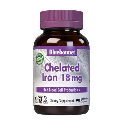 Bluebonnet Nutrition Chelated Iron 18 mg - Non-Constipating Ferrochel Iron, Vegan, Gluten-Free, Soy-Free, Non-GMO - 90 Veg Capsules (90 Servings)