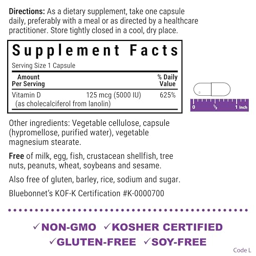 Bluebonnet Vitamin D3 5000 IU (125 mcg) – 120 Veggie Capsules | Strong Bones & Immune Support
