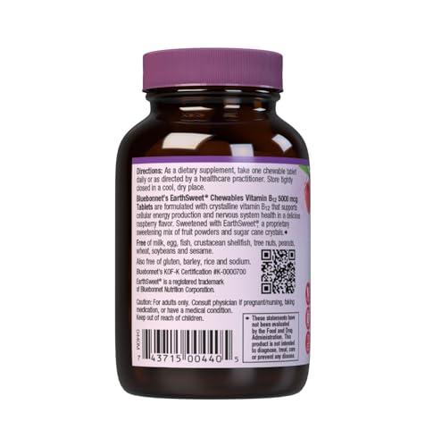 Bluebonnet EarthSweet Vitamin B12 5000 mcg Chewable Raspberry – Vegan, Kosher, Gluten-Free