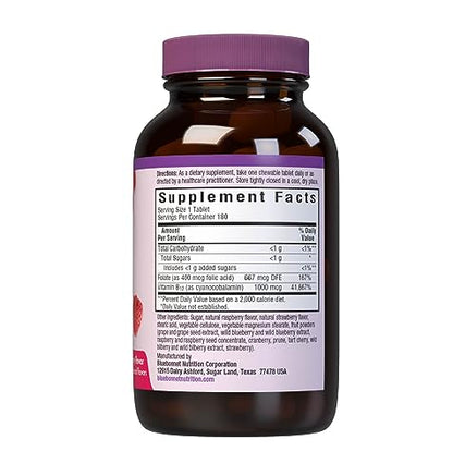 Bluebonnet EarthSweet Vitamin B12 1000 mcg & Folic Acid 400 mcg – Brain Health & Energy for Women & Men – Vegan, Gluten-Free Raspberry, 180 Chewable Tablets