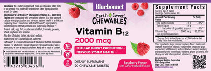 BlueBonnet EarthSweet Vitamin B12 2000 mcg Chewables – Raspberry, Vegan, Gluten Free | 90 Servings