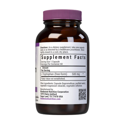Bluebonnet Nutrition L-Tryptophan 500 mg Veg Capsules – Mood & Sleep Support, 60 Servings, Non-GMO, Vegan, Gluten-Free, Soy-Free