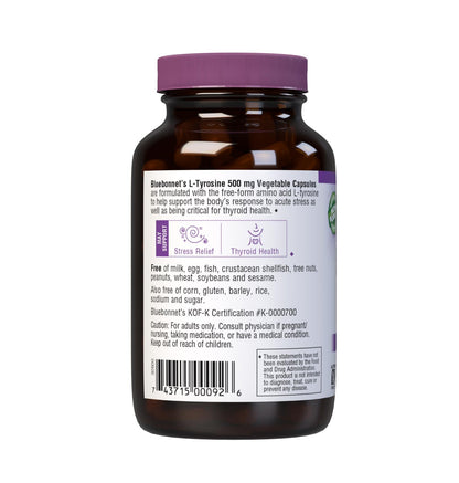 Bluebonnet L-Tyrosine 500 mg Capsules – 100 Count | Stress & Thyroid Support