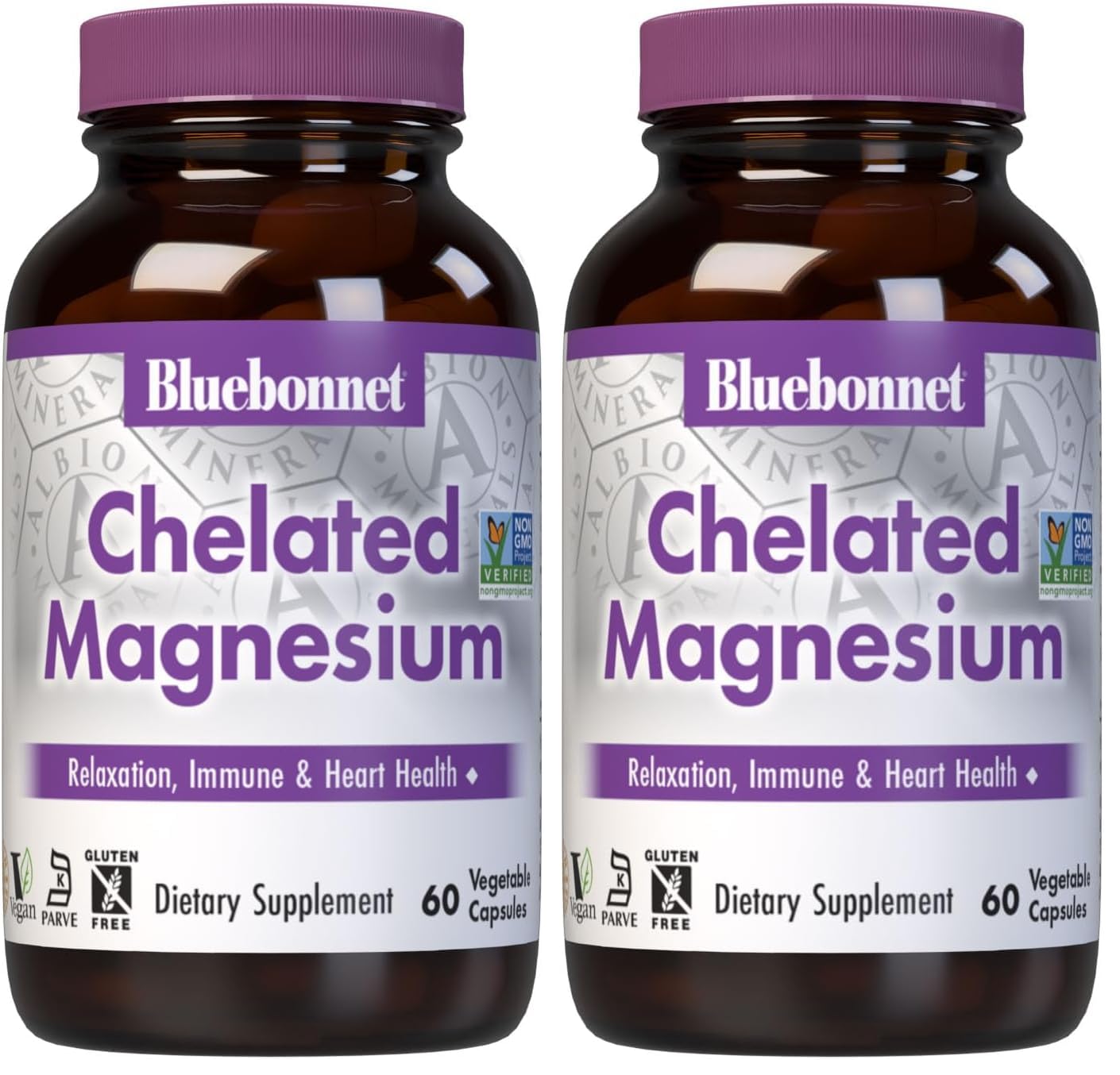 Bluebonnet Albion Chelated Magnesium 200 mg | 60 Veggie Capsules (Pack of 2) – Stress Relief, Vegan, Gluten Free