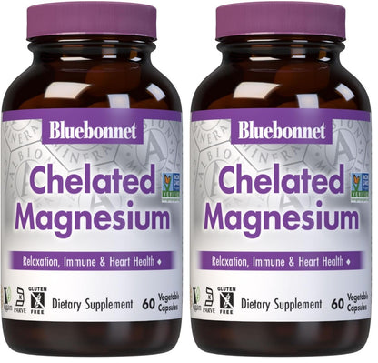 Bluebonnet Albion Chelated Magnesium 200 mg | 60 Veggie Capsules (Pack of 2) – Stress Relief, Vegan, Gluten Free