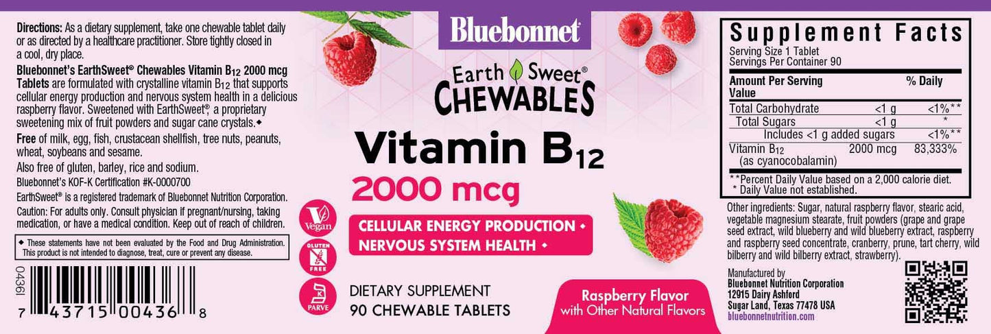 BlueBonnet Earth Sweet Vitamin B12 2000 mcg Raspberry Chewables - Pack of 2
