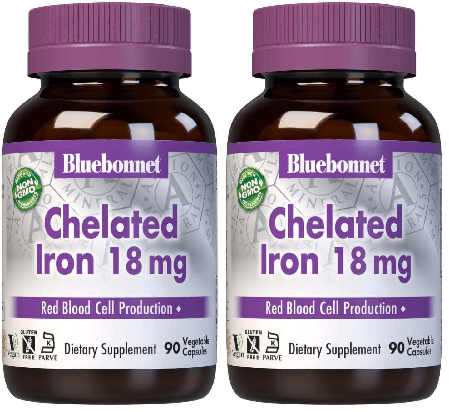 Bluebonnet Chelated Iron 18 mg - Non-Constipating, Vegan, Kosher, Gluten-Free | Pack of 2 (180 capsules)