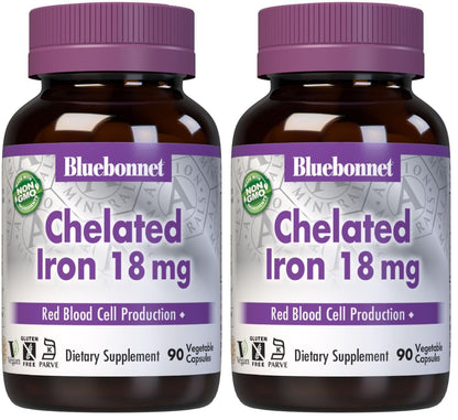 Bluebonnet Chelated Iron 18 mg - Non-Constipating, Vegan, Kosher, Gluten-Free | Pack of 2 (180 capsules)
