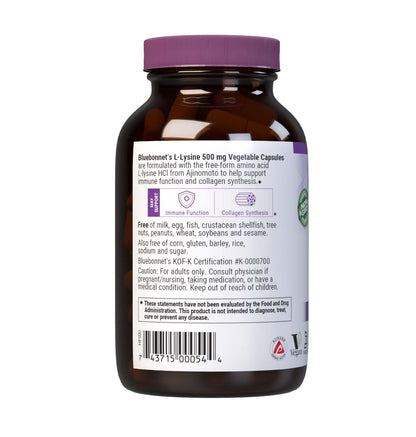Bluebonnet Nutrition L-Lysine 500mg | Immune Support, Collagen Synthesis, Vegan, Kosher, Non-GMO