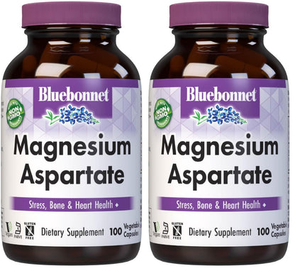 Bluebonnet Nutrition Magnesium 400 mg Chelated Magnesium Aspartate Daily Mineral — Heart & Bone Support, Vegan & Non-GMO | 100 Veg Capsules (Pack of 2)