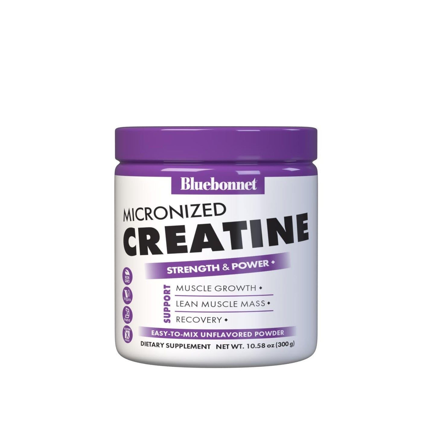 BlueBonnet Nutrition Micronized Creatine Monohydrate 5 g – Lean Muscle Support, Non-GMO, Vegan, Kosher, Gluten-Free, Soy/Milk-Free – Unflavored, 10.58 oz (60 Servings)