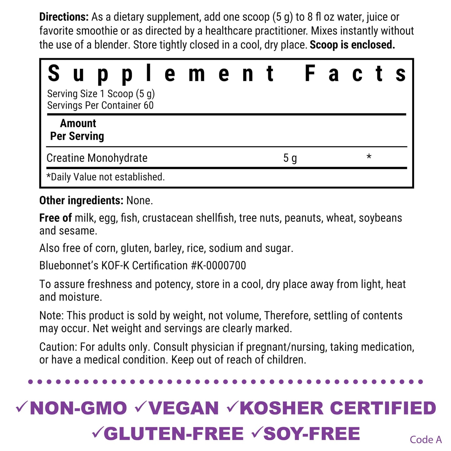 BlueBonnet Nutrition Micronized Creatine Monohydrate 5 g – Lean Muscle Support, Non-GMO, Vegan, Kosher, Gluten-Free, Soy/Milk-Free – Unflavored, 10.58 oz (60 Servings)
