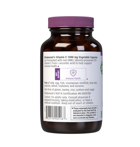 Bluebonnet Vitamin C 1000 mg Capsules – Immune Support, Skin Health, Vegan & Non-GMO | 90 Veg Capsules