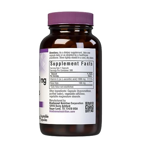 Bluebonnet Nutrition Vitamin C 1000 mg Plus Rose Hips, 180 Count