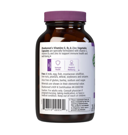 Bluebonnet Vitamin C, D3 & Zinc — Immune Support, 100 Veg Capsules