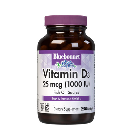 Bluebonnet Vitamin D3 1000 IU Softgels – 250 Count | Non-GMO, Gluten Free, Soy Free, Dairy Free