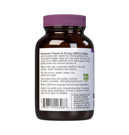 Bluebonnet Nutrition Vitamin D3 1000 IU Softgels – Supports Strong Bones & Immune Function | Non-GMO, Gluten Free, Soy Free, Dairy Free
