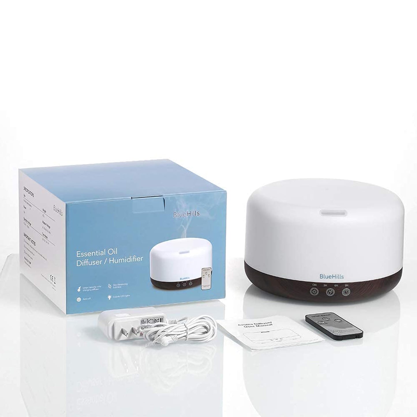 BlueHills Premium 1000ML Round Essential Oil Diffuser Humidifier – Dark Wood Grain with LED Lights (D002)