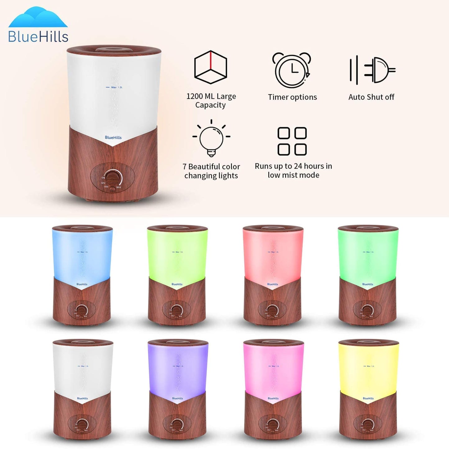 BlueHills Premium 1000ml Essential Oil Diffuser - Dark Wood Grain, Large 1L Humidifier for Big Rooms