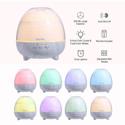 BlueHills Premium Essential Oil Diffuser with Remote — 600ml White Wood Grain for Large Rooms | Humidifier & Aromatherapy