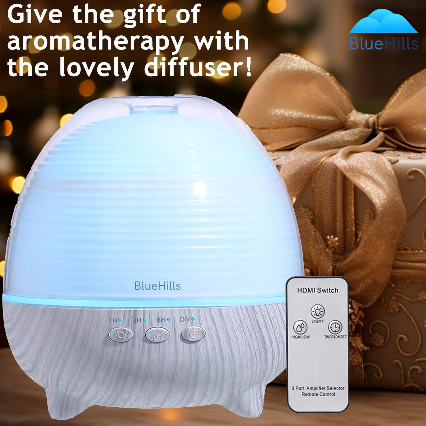 BlueHills Premium Essential Oil Diffuser with Remote — 600ml White Wood Grain for Large Rooms | Humidifier & Aromatherapy