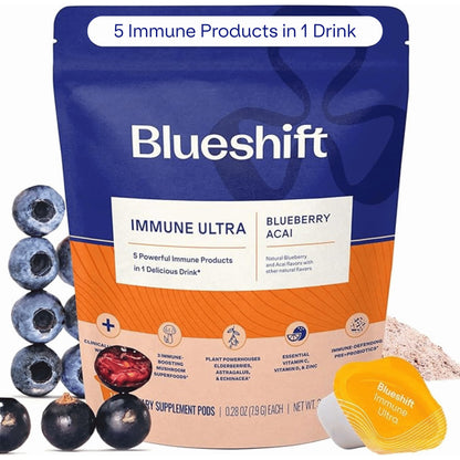 Blueshift Immune Ultra – 5-in-1 Immune Support Powder Drink Mix (Blueberry Acai, 14 Pack)