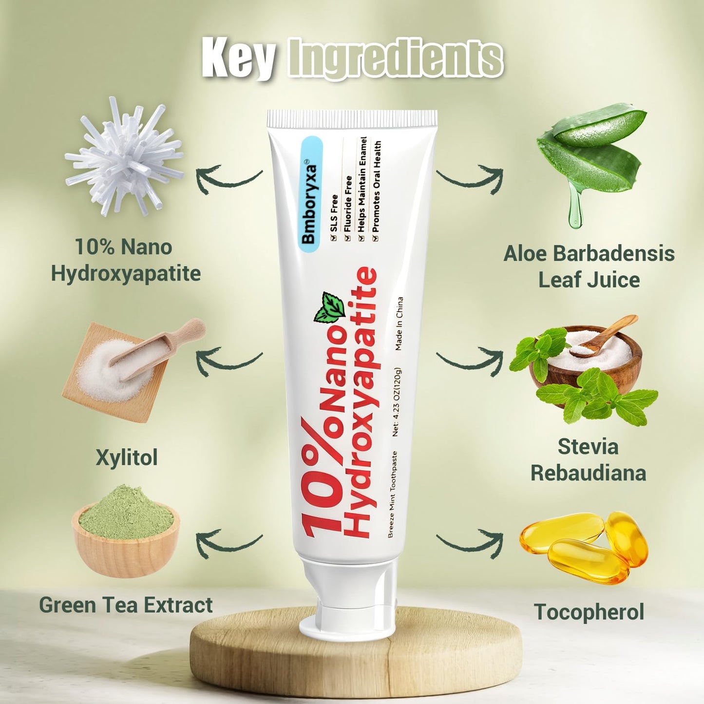 Bmboryxa 10% Nano Hydroxyapatite Toothpaste – SLS & Fluoride Free, Whitening, Sensitive Teeth (4.23oz Mint)