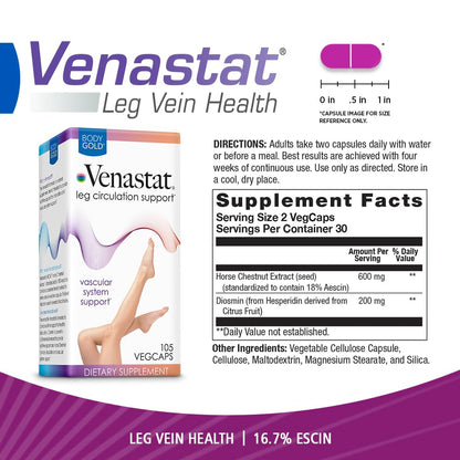 Body Gold Venastat – Leg Vein & Circulation Support (Horse Chestnut, Diosmin) – 105 Veggie Capsules