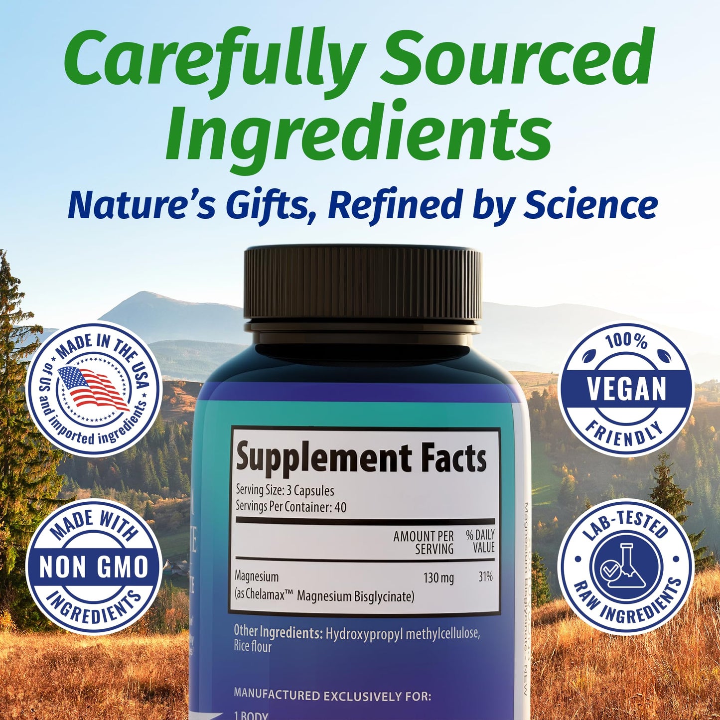 1 Body Magnesium Bisglycinate Supplement, 44 mg Pure Chelated Formula, 120 Capsules, Maximum Absorption, Muscle Cramp Relief