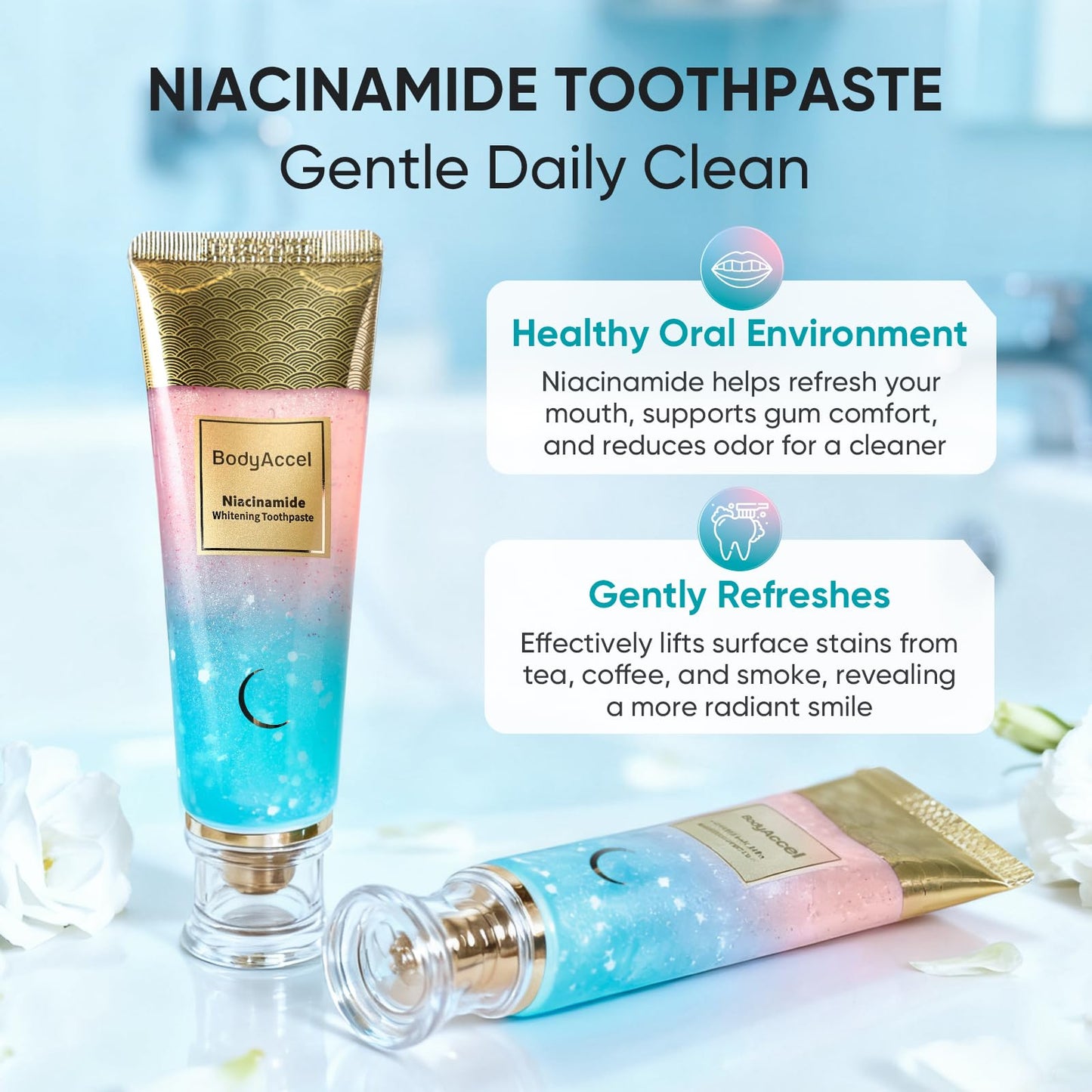 BodyAccel Niacinamide Whitening Toothpaste – Gentle Deep Stain Removal, Peach Flavor