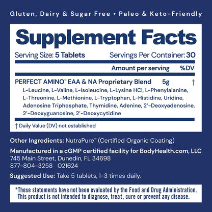 BodyHealth PerfectAmino 150 ct – Easy-to-Swallow Vegan Amino Acids with BCAAs for Muscle Recovery