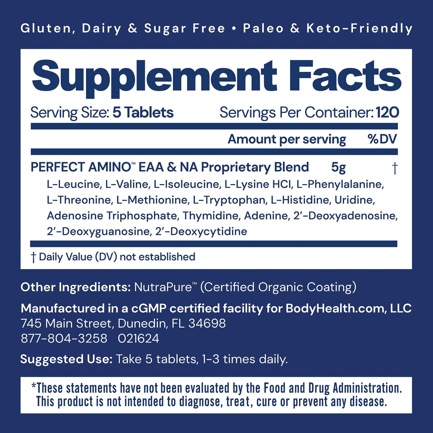 BodyHealth PerfectAmino (600 ct) – Easy-to-Swallow Vegan Amino Tablets for Muscle Recovery & Strength